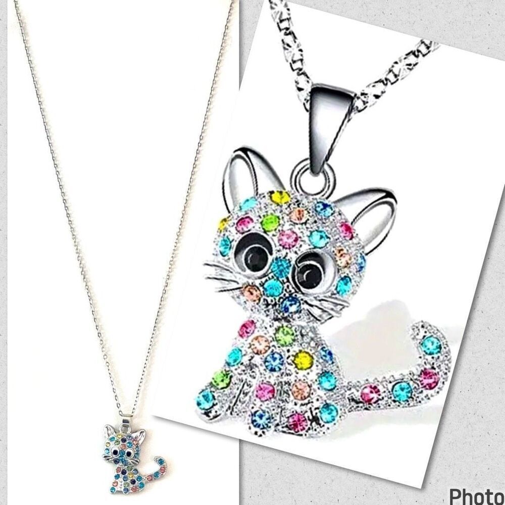 NWT Gorgeous Silver Kitty Cat Long Chain Necklace with Colorful Rhinestones